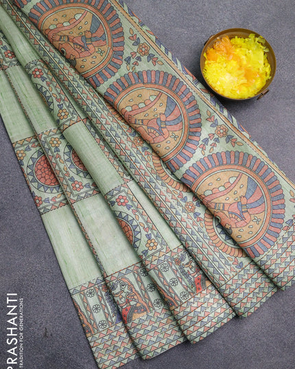 Semi tussar saree pista green with allover mathubani prints & kantha stitch work