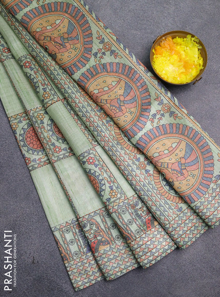 Semi tussar saree pista green with allover mathubani prints & kantha stitch work