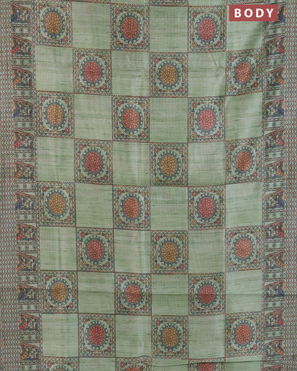 Semi tussar saree pista green with allover mathubani prints & kantha stitch work