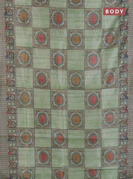 Semi tussar saree pista green with allover mathubani prints & kantha stitch work