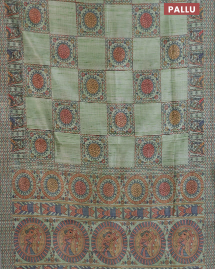 Semi tussar saree pista green with allover mathubani prints & kantha stitch work