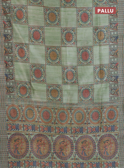 Semi tussar saree pista green with allover mathubani prints & kantha stitch work