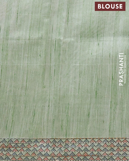 Semi tussar saree pista green with allover mathubani prints & kantha stitch work