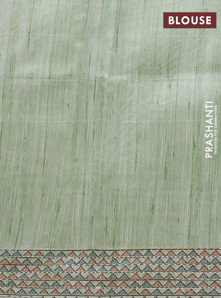 Semi tussar saree pista green with allover mathubani prints & kantha stitch work