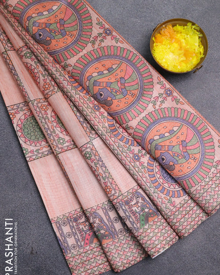 Semi tussar saree peach shade with allover mathubani prints & kantha stitch work