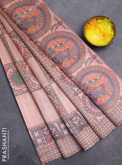 Semi tussar saree peach shade with allover mathubani prints & kantha stitch work