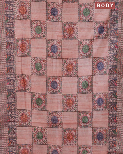 Semi tussar saree peach shade with allover mathubani prints & kantha stitch work