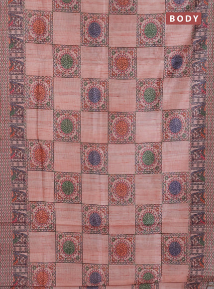 Semi tussar saree peach shade with allover mathubani prints & kantha stitch work
