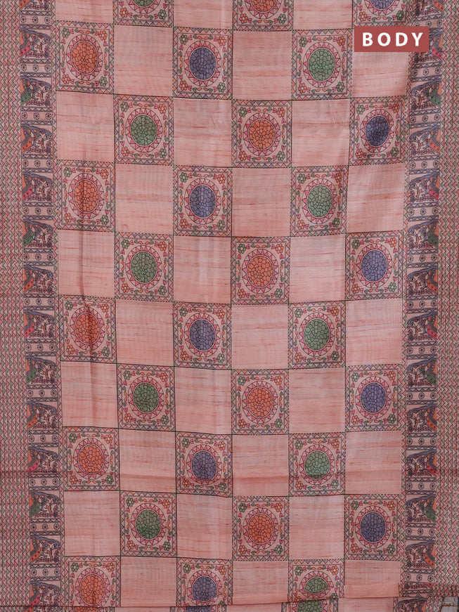 Semi tussar saree peach shade with allover mathubani prints & kantha stitch work