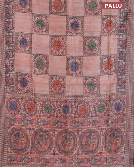 Semi tussar saree peach shade with allover mathubani prints & kantha stitch work