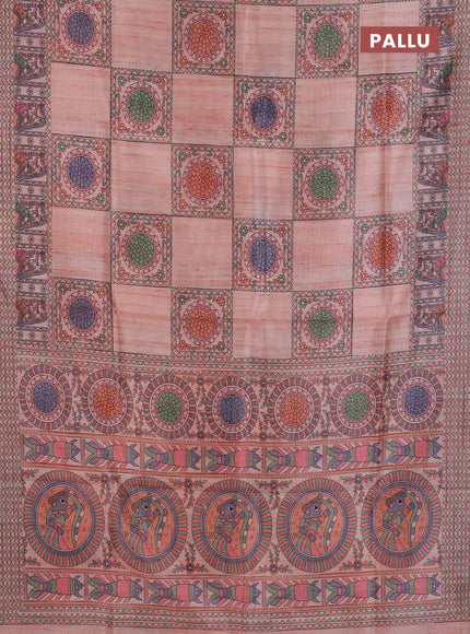 Semi tussar saree peach shade with allover mathubani prints & kantha stitch work