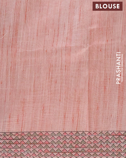 Semi tussar saree peach shade with allover mathubani prints & kantha stitch work