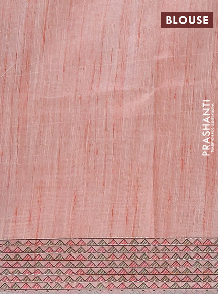 Semi tussar saree peach shade with allover mathubani prints & kantha stitch work