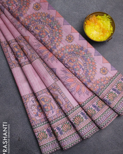 Semi tussar saree mauve pink with allover mathubani prints & kantha stitch work