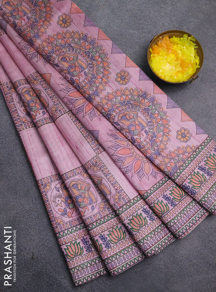 Semi tussar saree mauve pink with allover mathubani prints & kantha stitch work