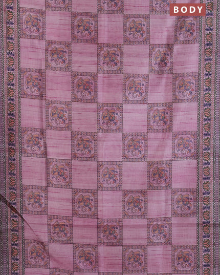 Semi tussar saree mauve pink with allover mathubani prints & kantha stitch work