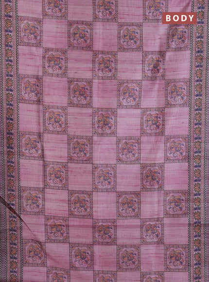 Semi tussar saree mauve pink with allover mathubani prints & kantha stitch work