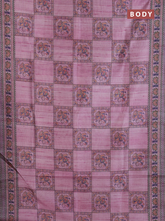 Semi tussar saree mauve pink with allover mathubani prints & kantha stitch work