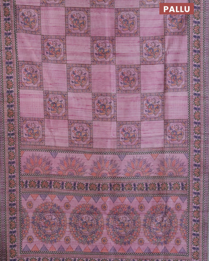 Semi tussar saree mauve pink with allover mathubani prints & kantha stitch work