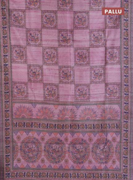 Semi tussar saree mauve pink with allover mathubani prints & kantha stitch work