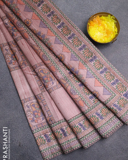 Semi tussar saree pastel pink with allover mathubani prints & kantha stitch work