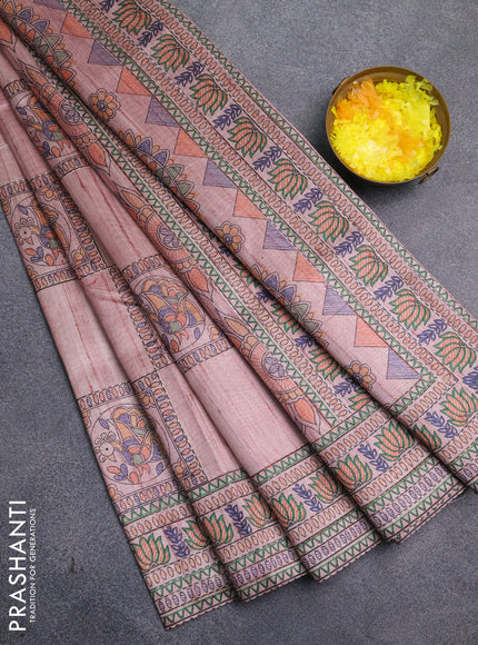 Semi tussar saree pastel pink with allover mathubani prints & kantha stitch work