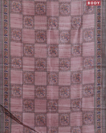 Semi tussar saree pastel pink with allover mathubani prints & kantha stitch work
