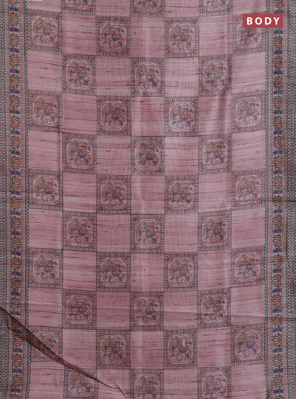 Semi tussar saree pastel pink with allover mathubani prints & kantha stitch work