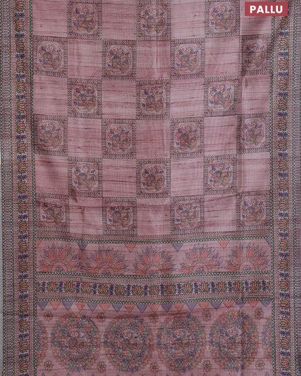 Semi tussar saree pastel pink with allover mathubani prints & kantha stitch work