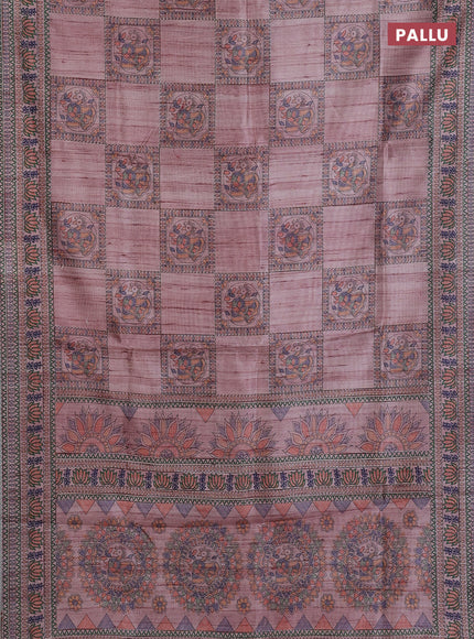 Semi tussar saree pastel pink with allover mathubani prints & kantha stitch work
