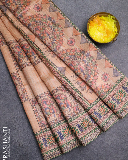Semi tussar saree orange with allover mathubani prints & kantha stitch work