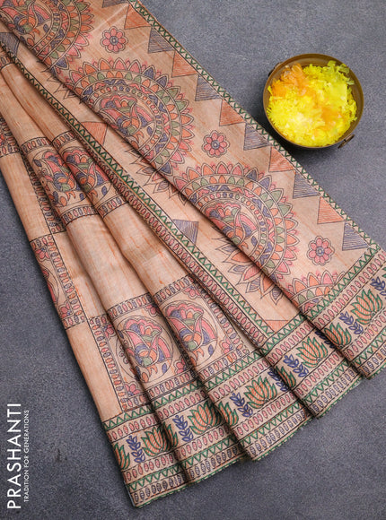 Semi tussar saree orange with allover mathubani prints & kantha stitch work