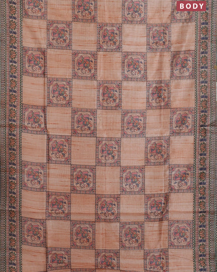 Semi tussar saree orange with allover mathubani prints & kantha stitch work