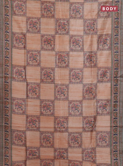 Semi tussar saree orange with allover mathubani prints & kantha stitch work
