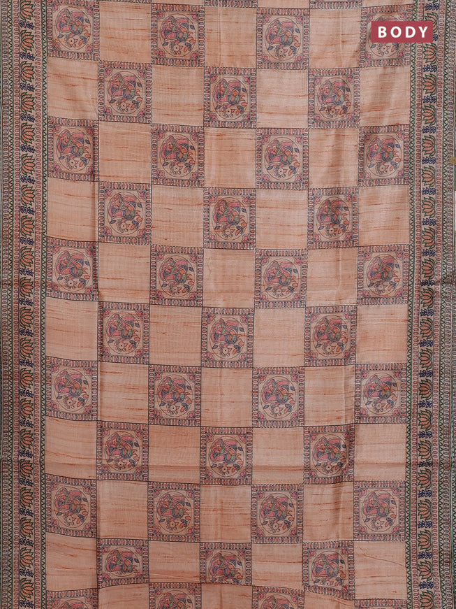 Semi tussar saree orange with allover mathubani prints & kantha stitch work