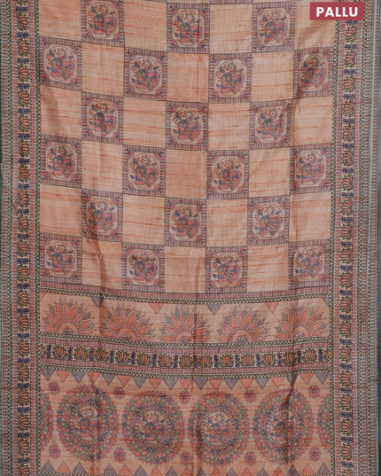 Semi tussar saree orange with allover mathubani prints & kantha stitch work