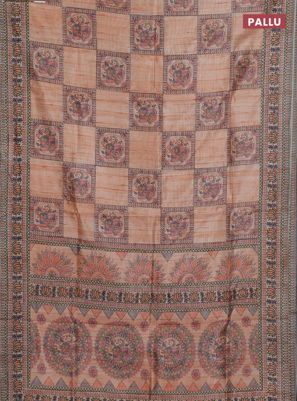 Semi tussar saree orange with allover mathubani prints & kantha stitch work