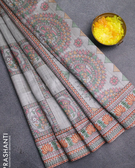 Semi tussar saree grey with allover mathubani prints & kantha stitch work