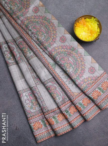 Semi tussar saree grey with allover mathubani prints & kantha stitch work