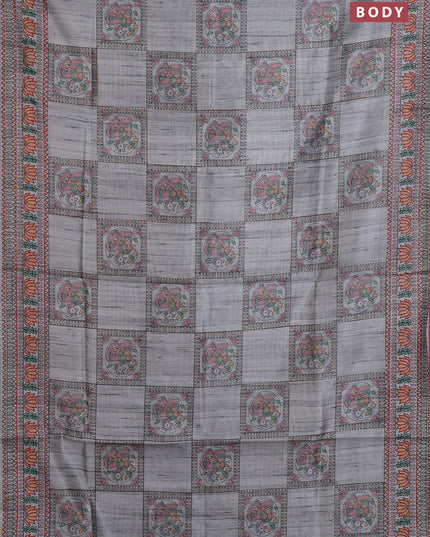 Semi tussar saree grey with allover mathubani prints & kantha stitch work