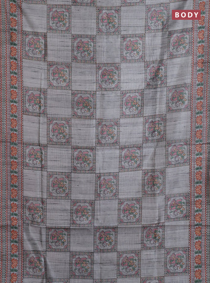 Semi tussar saree grey with allover mathubani prints & kantha stitch work