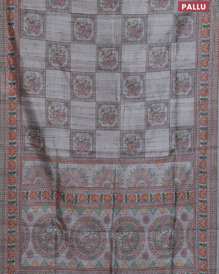 Semi tussar saree grey with allover mathubani prints & kantha stitch work