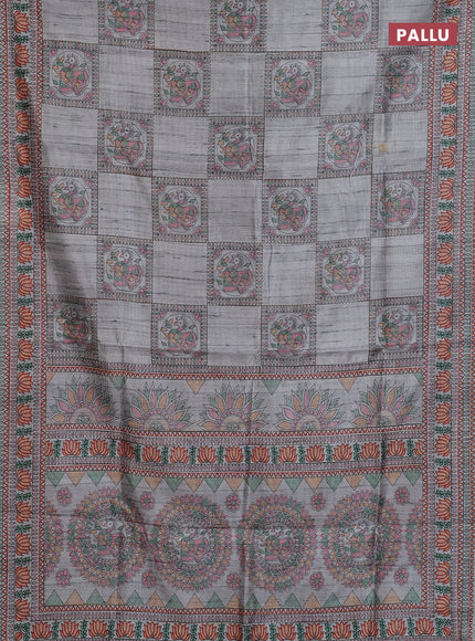 Semi tussar saree grey with allover mathubani prints & kantha stitch work