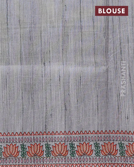 Semi tussar saree grey with allover mathubani prints & kantha stitch work