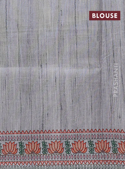 Semi tussar saree grey with allover mathubani prints & kantha stitch work