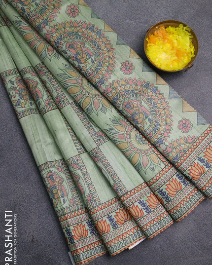 Semi tussar saree pista green with allover mathubani prints & kantha stitch work