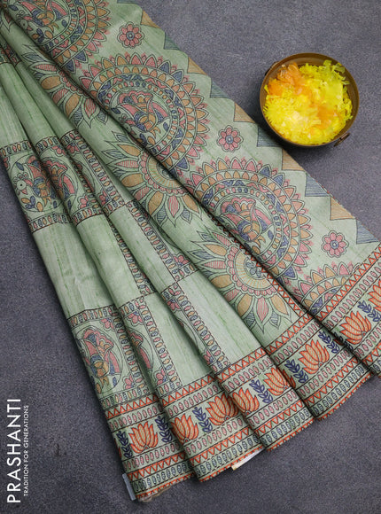 Semi tussar saree pista green with allover mathubani prints & kantha stitch work