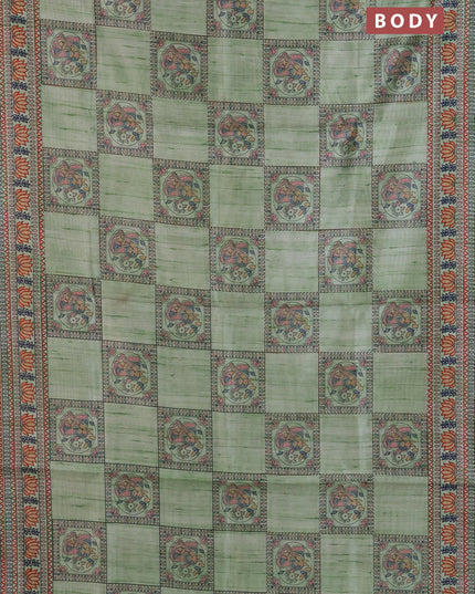 Semi tussar saree pista green with allover mathubani prints & kantha stitch work