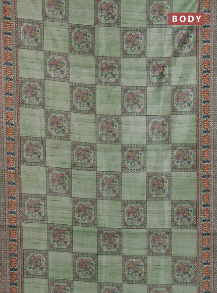 Semi tussar saree pista green with allover mathubani prints & kantha stitch work