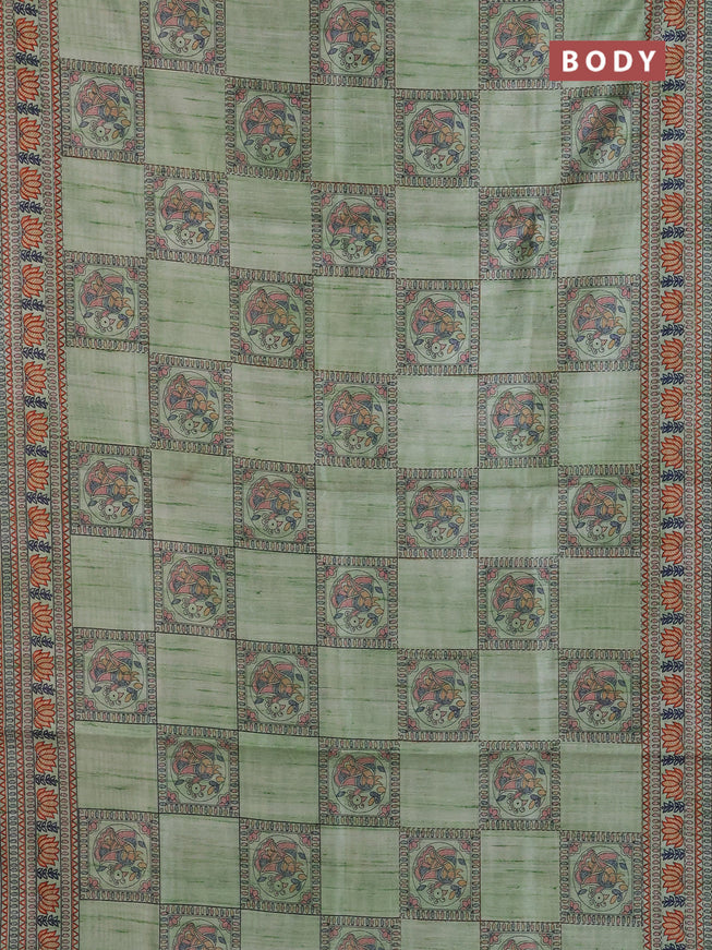 Semi tussar saree pista green with allover mathubani prints & kantha stitch work